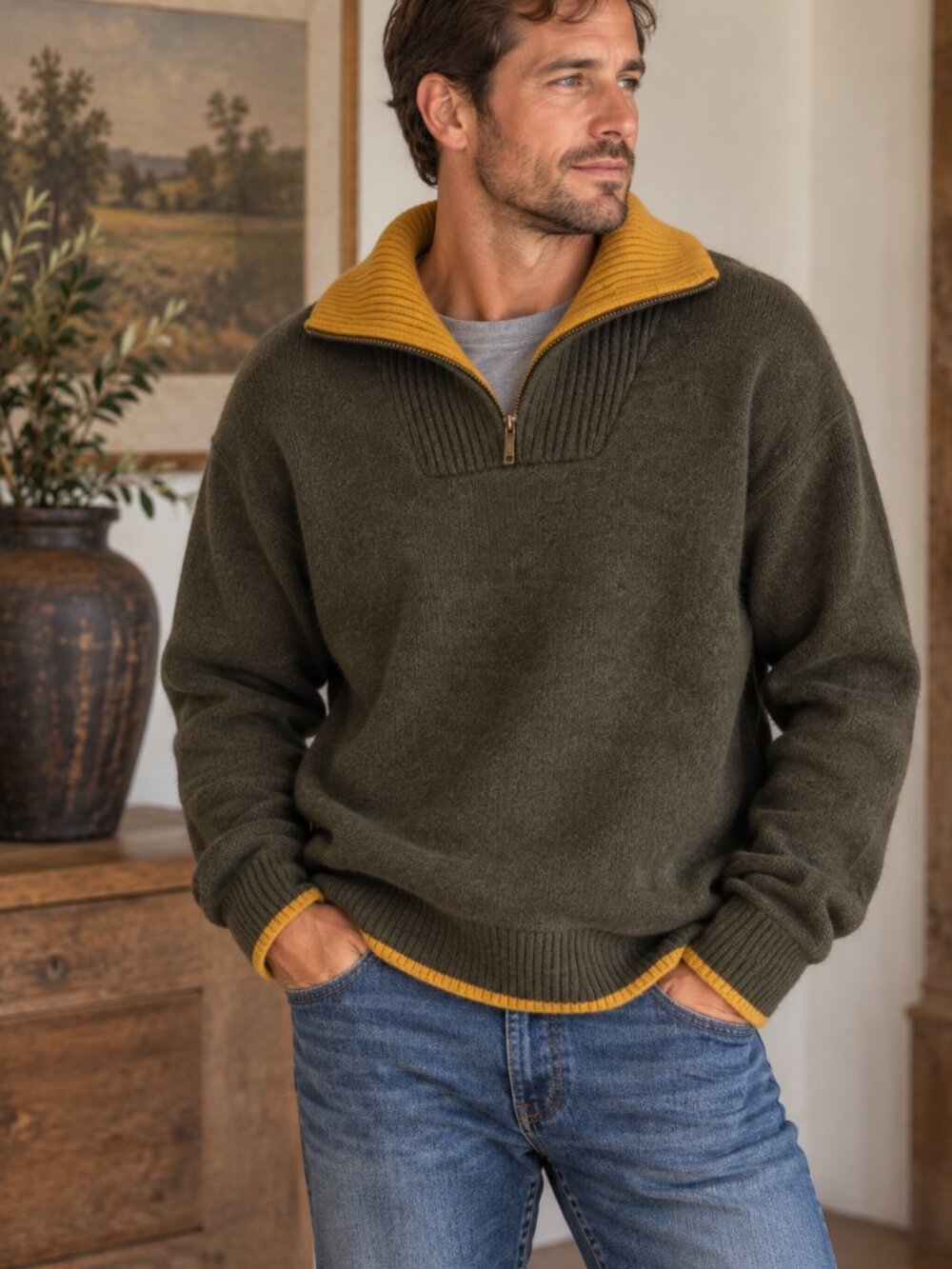 Irelandseye Ireland 100% Wool Olive Green Mustard Quarter Zip Sweater XXL
